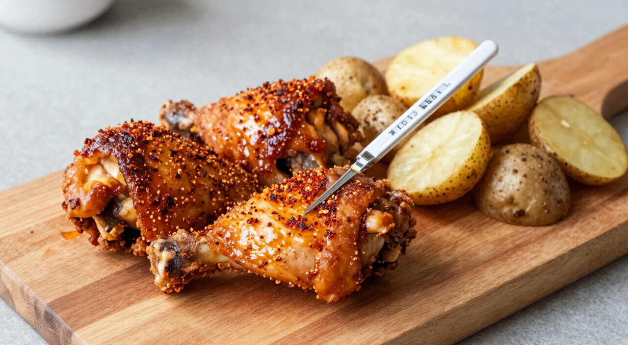 air-fried paprika chicken thigh on a board with a thermometer reading 165°F beside crispy potatoes