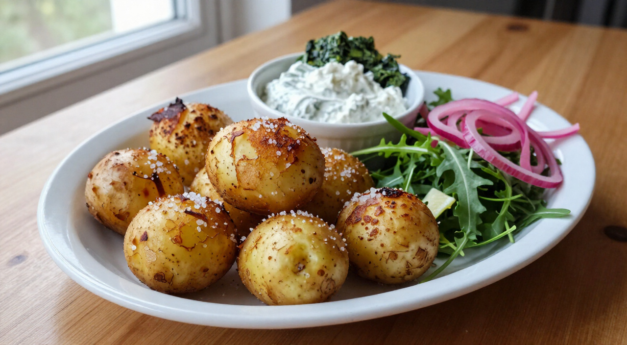 Air fryer baby potatoes plated with arugula salad, tzatziki, creamed spinach, and pickled red onions