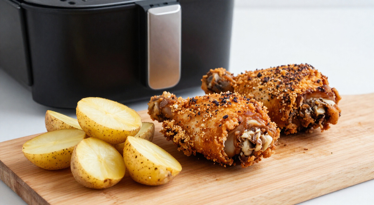 Air fryer chicken thighs resting on a wooden board beside crispy golden baby potatoes