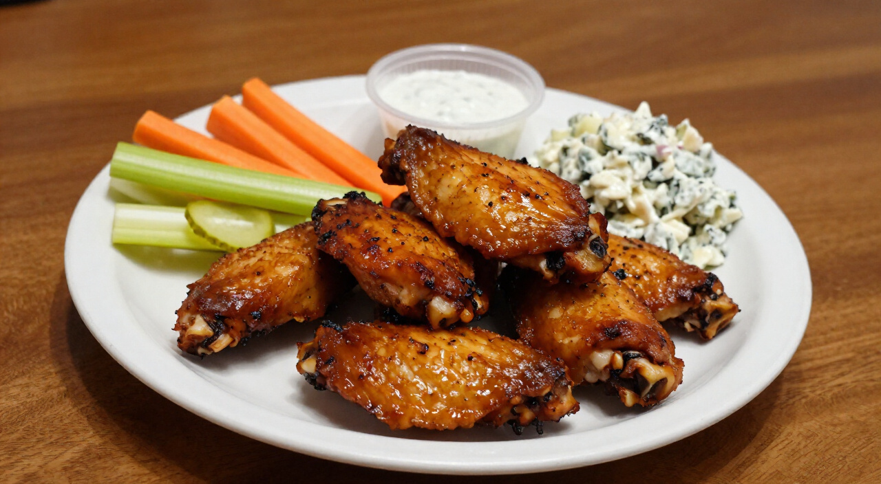 Air fryer chicken wings plated with blue cheese coleslaw, celery and carrots with ranch, cucumber salad and potato salad