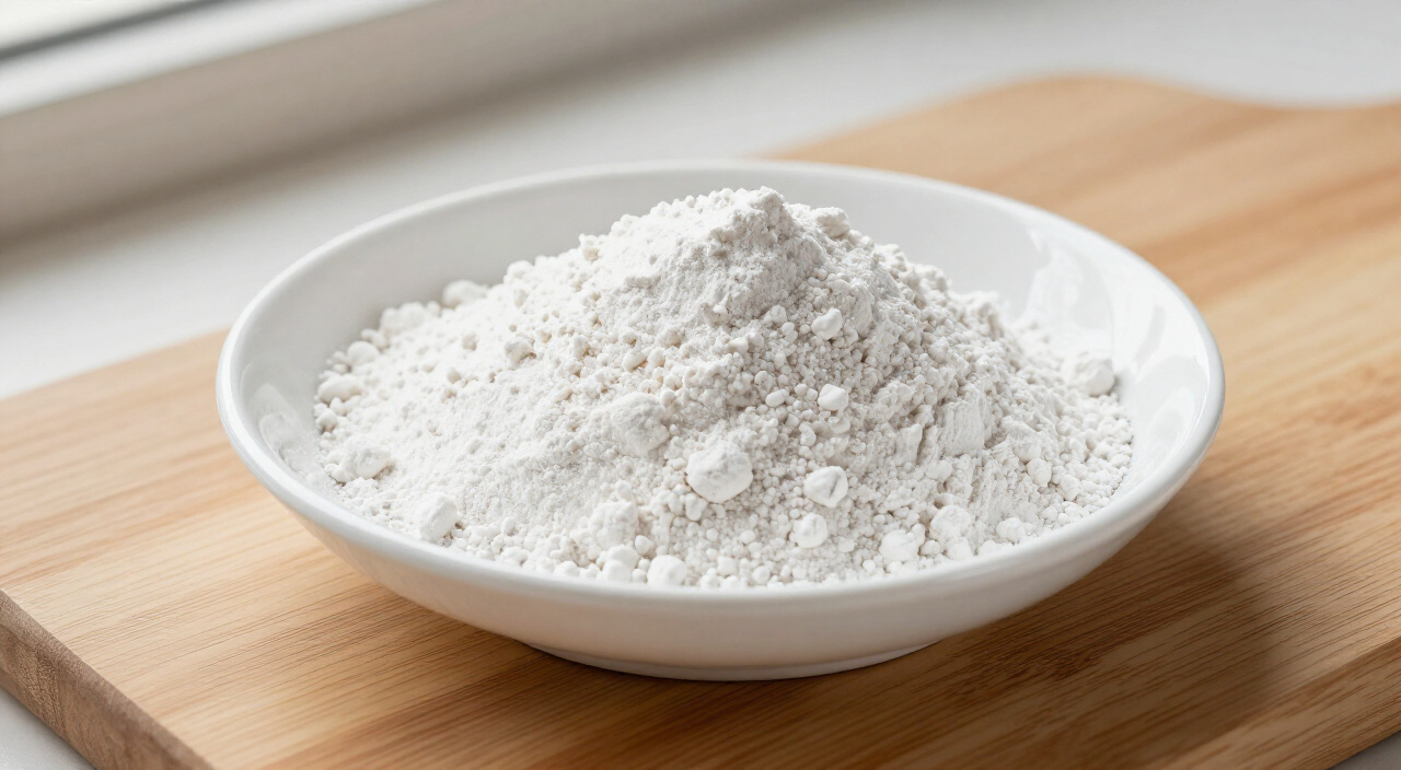 Aluminum-free baking powder in a shallow white saucer on a wooden cutting board
