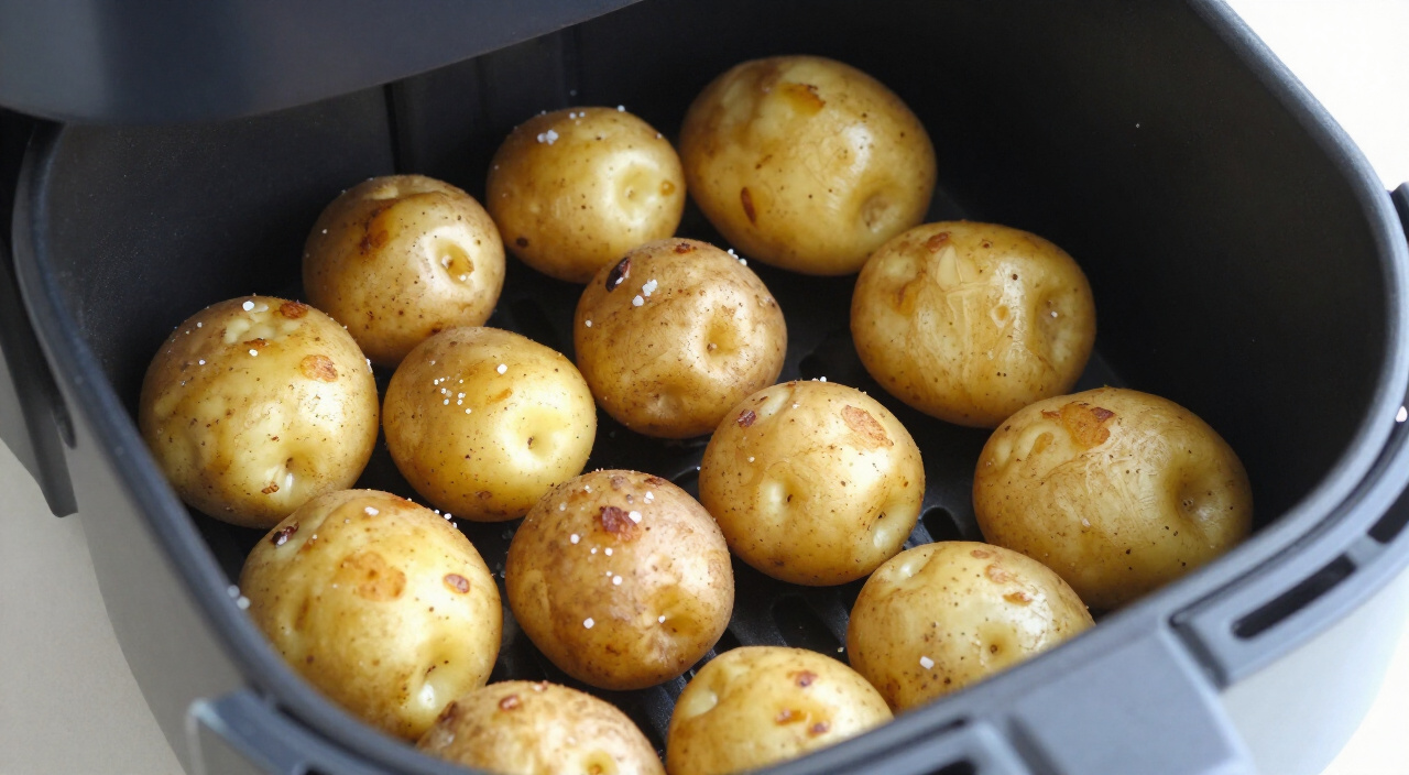 baby potatoes in a single layer in an air fryer basket, lightly blistered