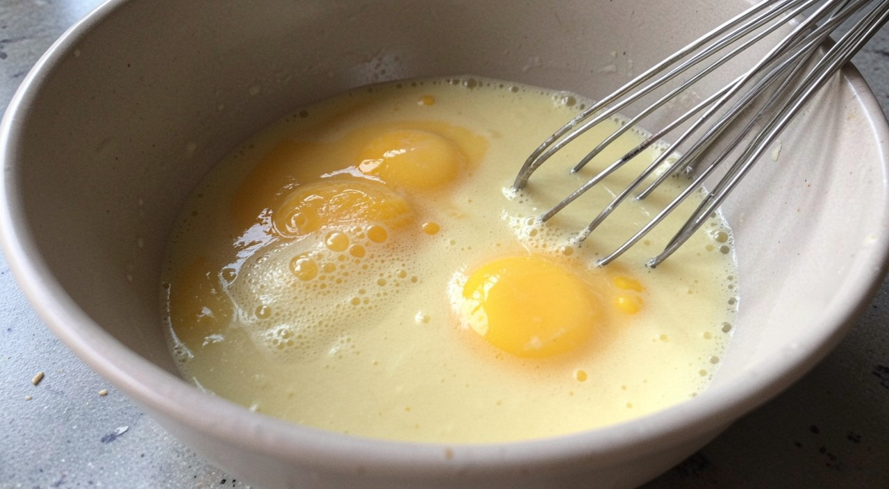 Beaten eggs in a shallow bowl