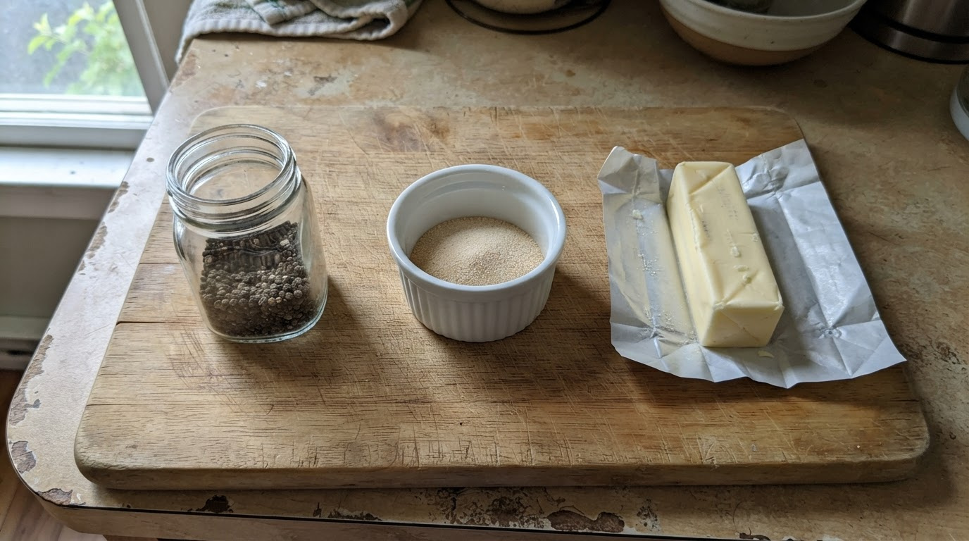Black pepper, garlic powder, and unsalted butter, laid out side by side on a wooden cutting board, overhead shot, natural