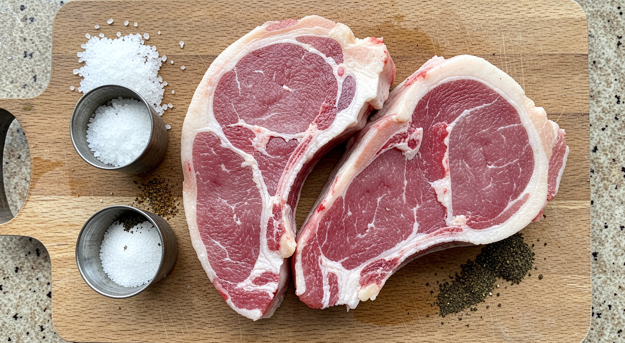 bone-in pork chops, kosher salt, and black pepper on a wooden cutting board