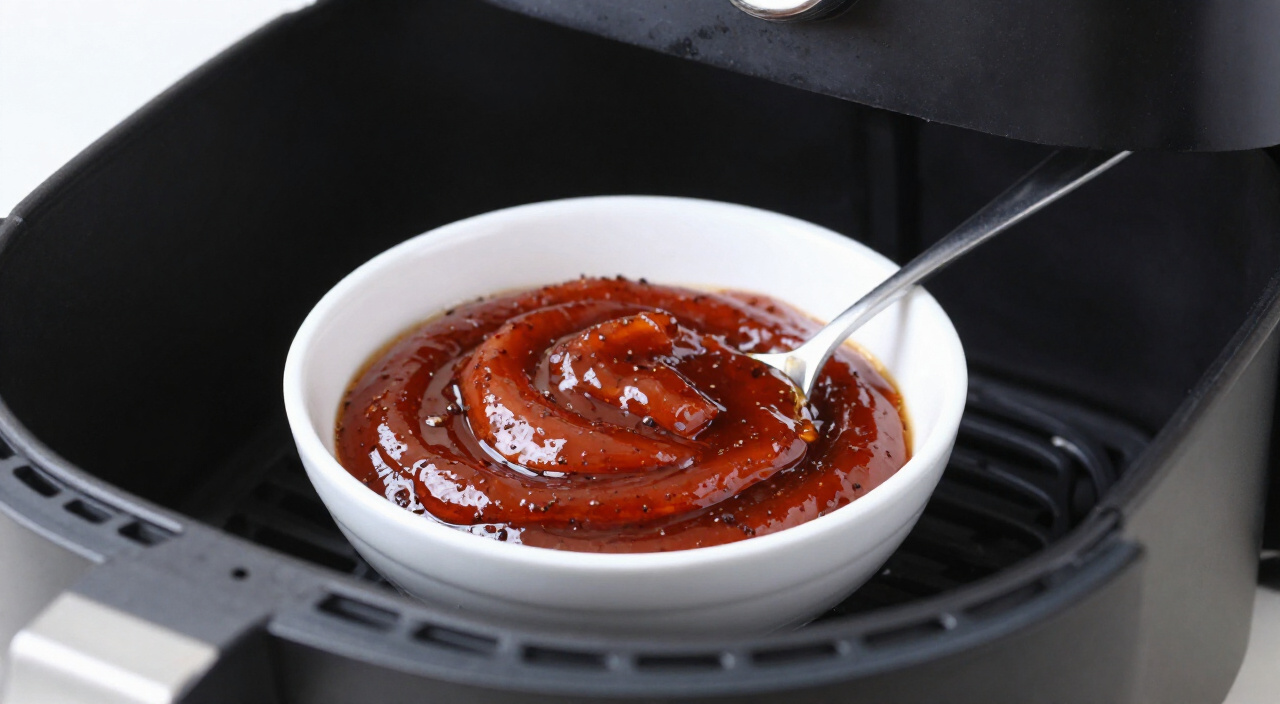 Brick-red smoked paprika and olive oil paste in a small white bowl with a spoon