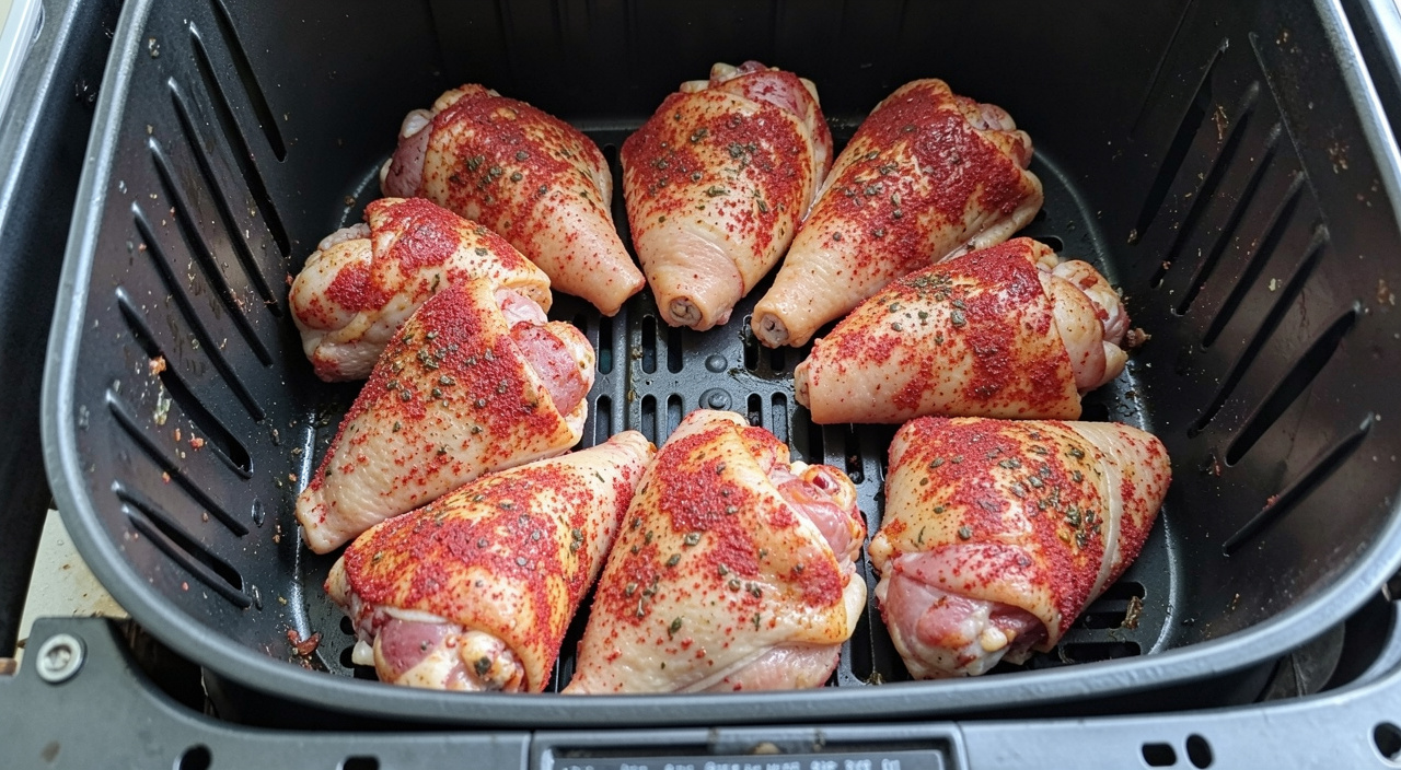 Chicken thighs arranged in an air fryer basket