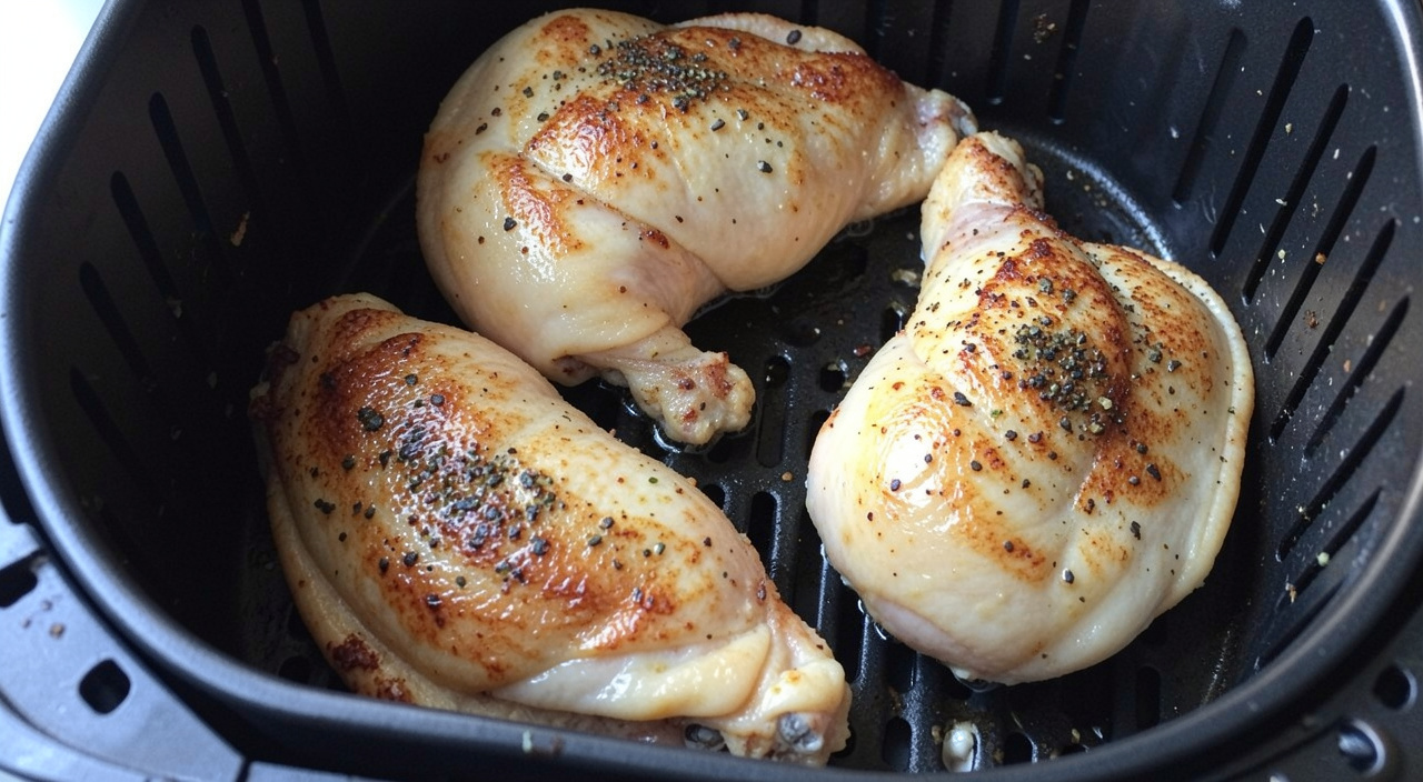 Chicken thighs cooking skin-side down