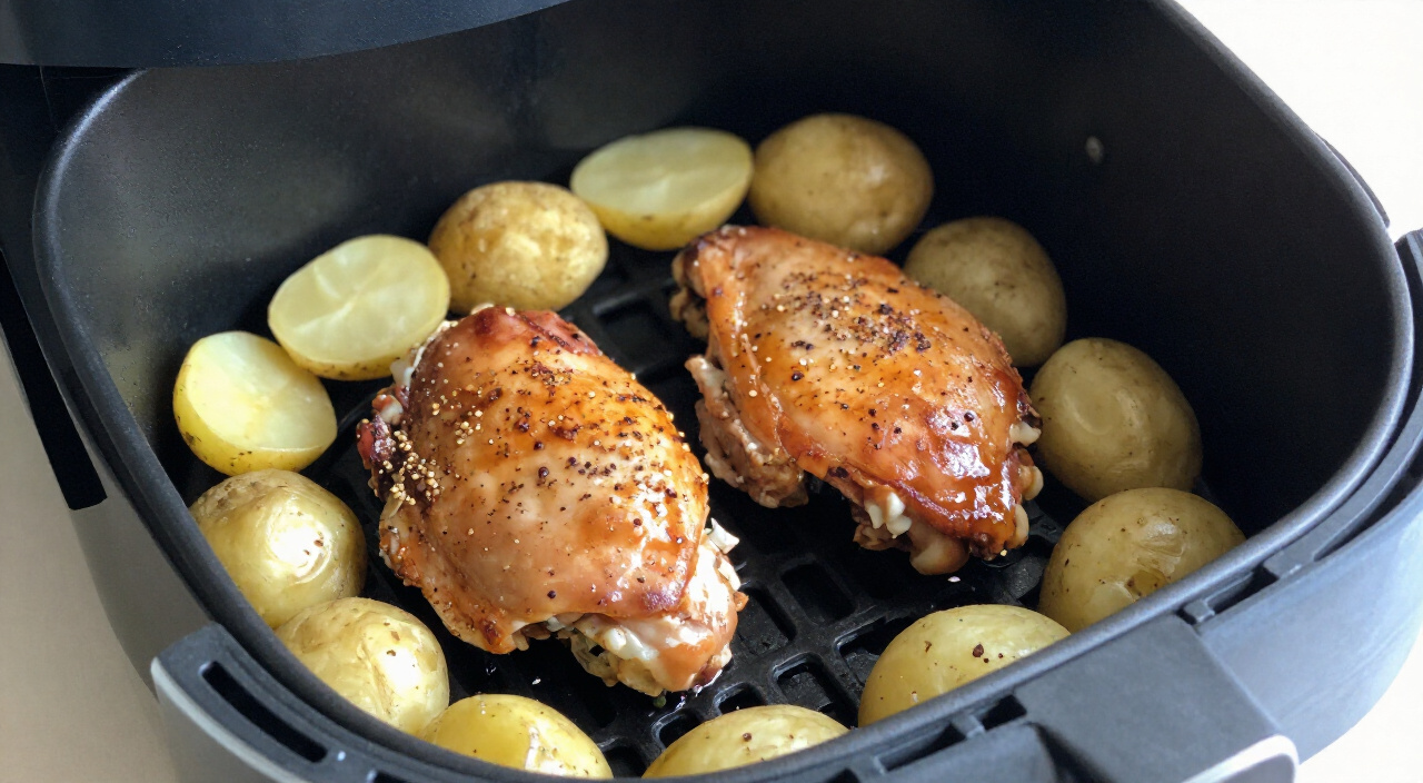 Chicken thighs and golden baby potatoes cooking side by side in an air fryer basket
