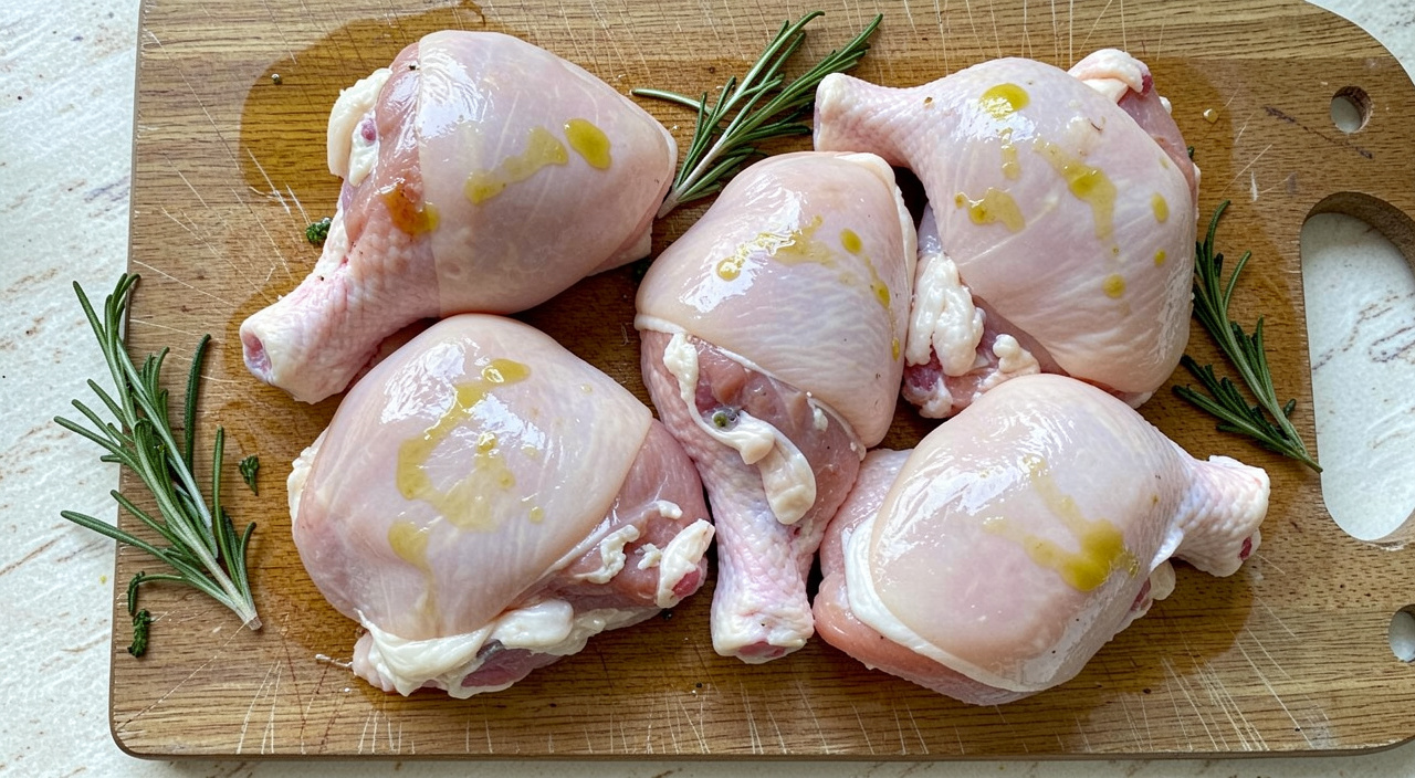 chicken thighs and olive oil on a wooden cutting board