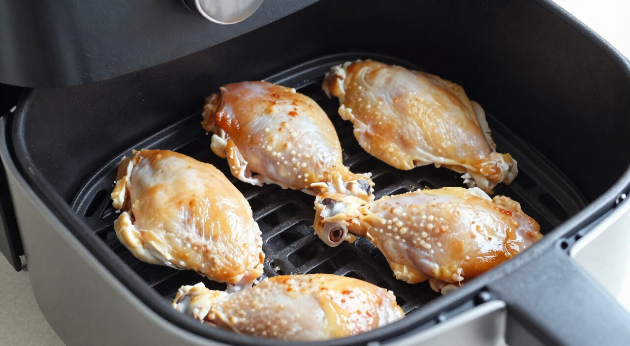 chicken wings flipped with tongs in an open air fryer basket