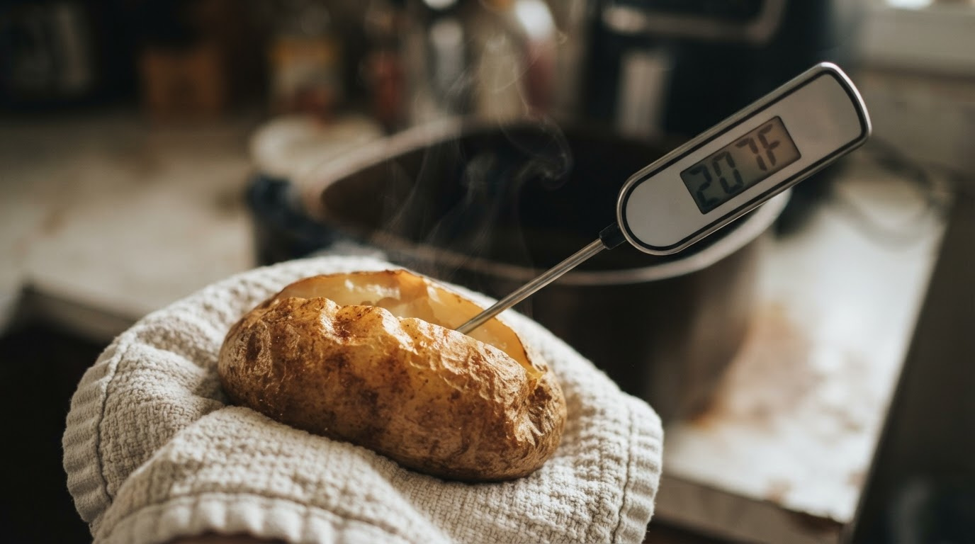 close-up of an instant-read digital thermometer probe inserted into a crisp golden-brown baked potato held in a kitchen