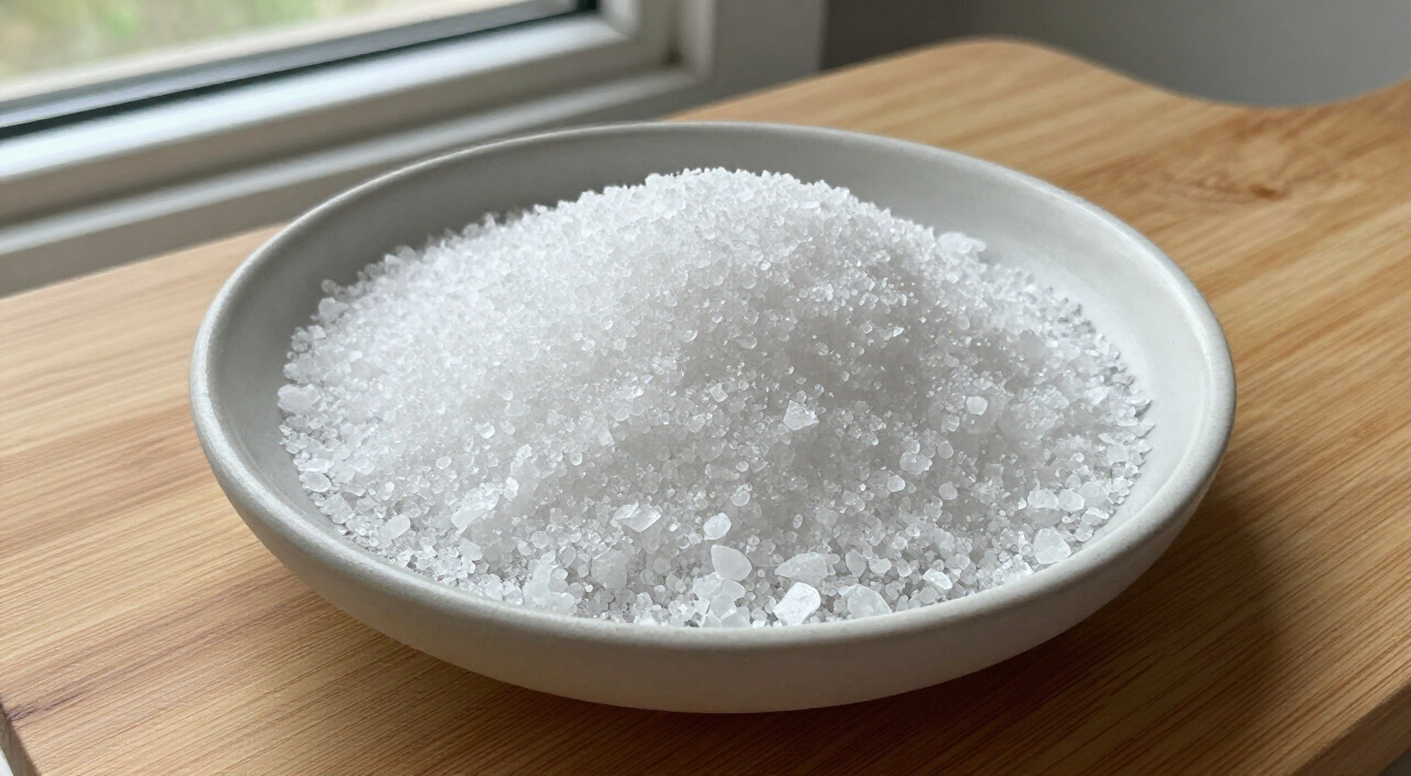 Coarse kosher salt flakes in a shallow saucer on a wooden cutting board