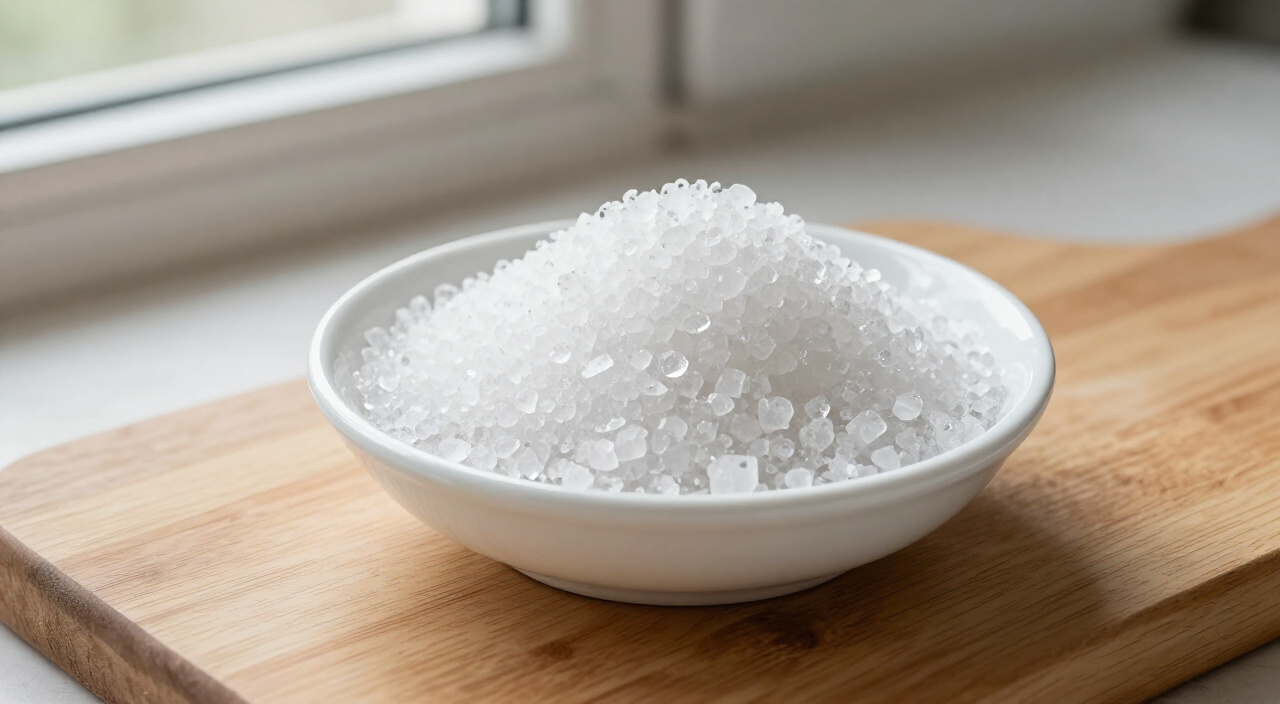 Coarse kosher salt in a small white bowl on a wooden cutting board