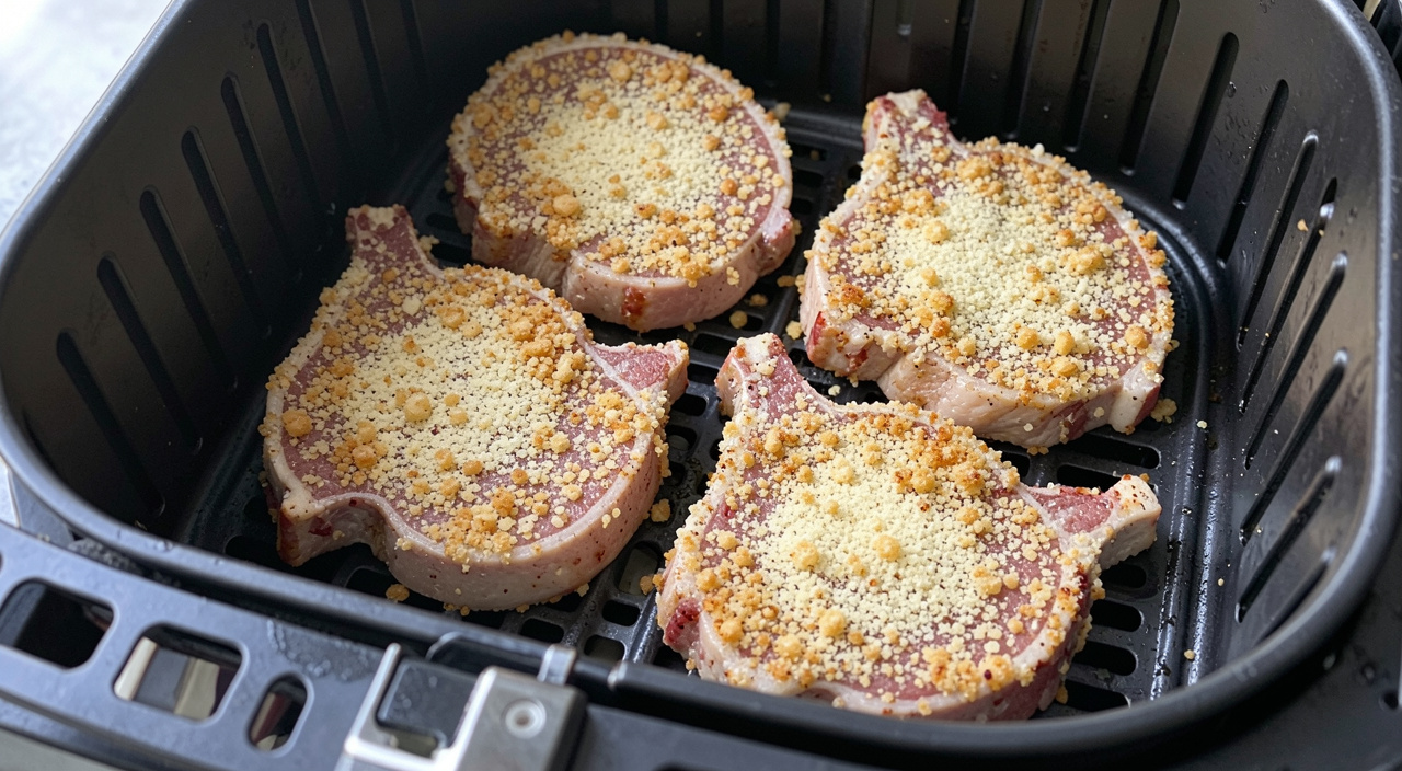 coated pork chops spaced in an air fryer basket