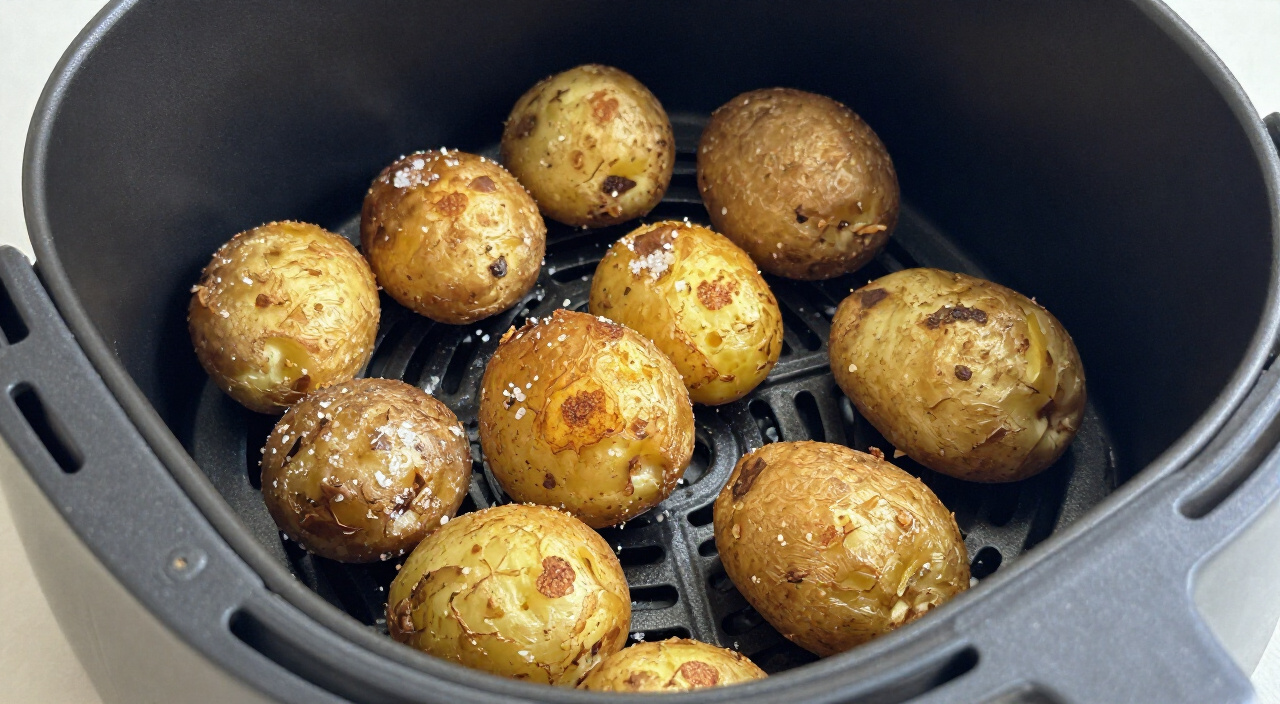crackly golden-brown air fryer baby potatoes with salt flakes resting in the basket