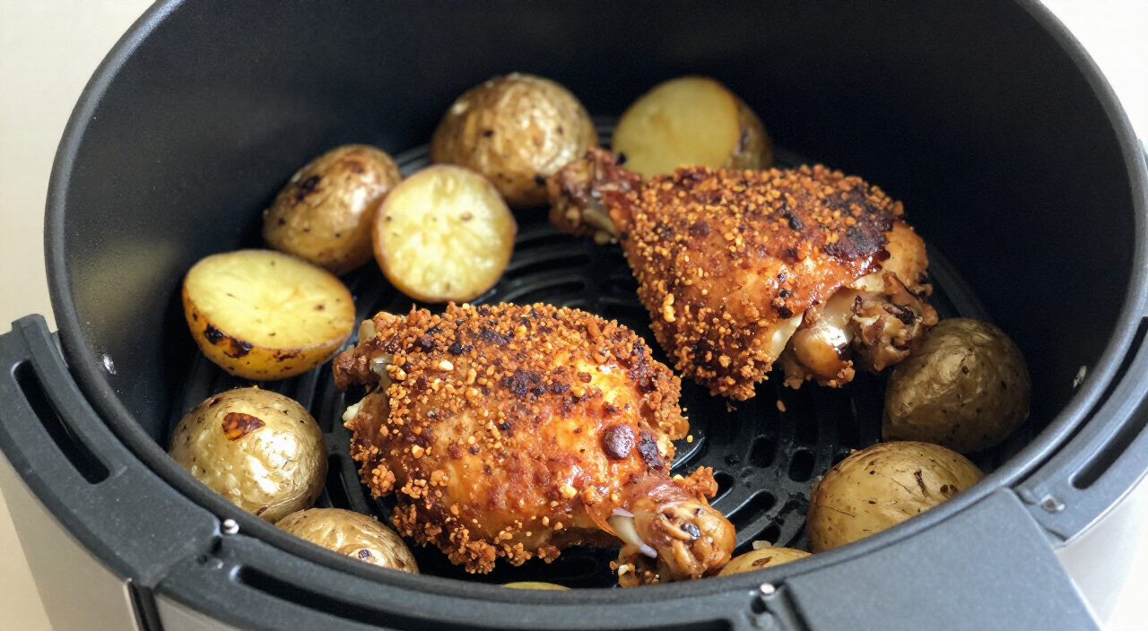 Crisp russet-brown chicken thighs and golden baby potatoes in an air fryer basket with tongs