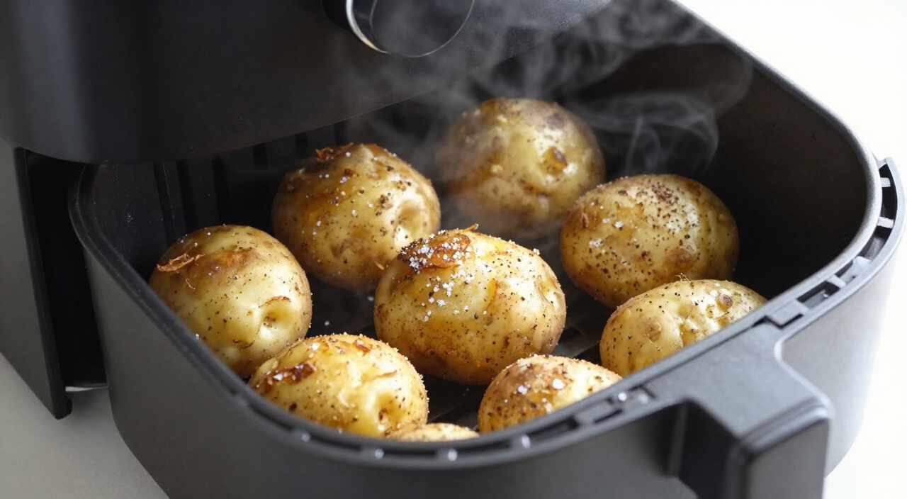 crispy air fryer baby potatoes resting in the basket with light steam
