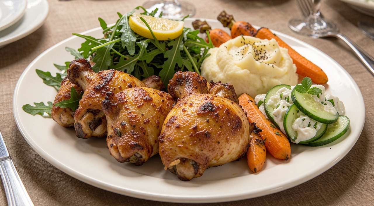 Crispy chicken thighs with arugula salad, mashed potatoes, roasted carrots, and cucumber yogurt salad
