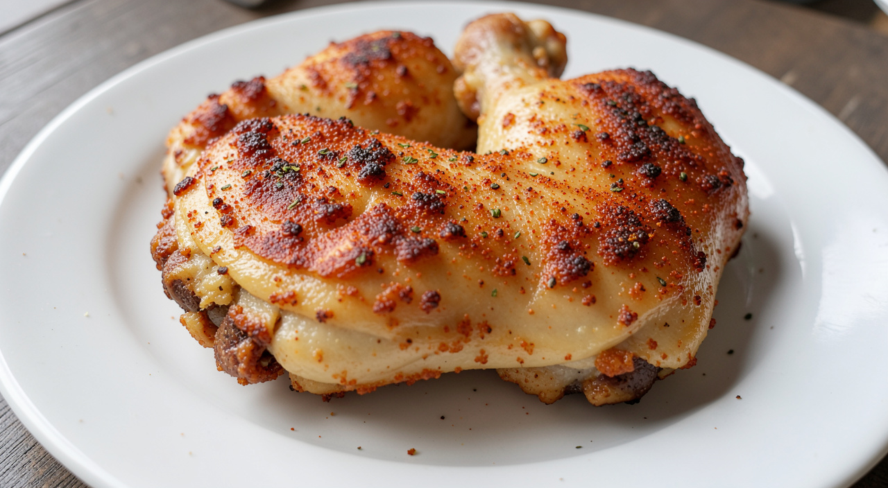 Crispy chicken thighs resting on a plate