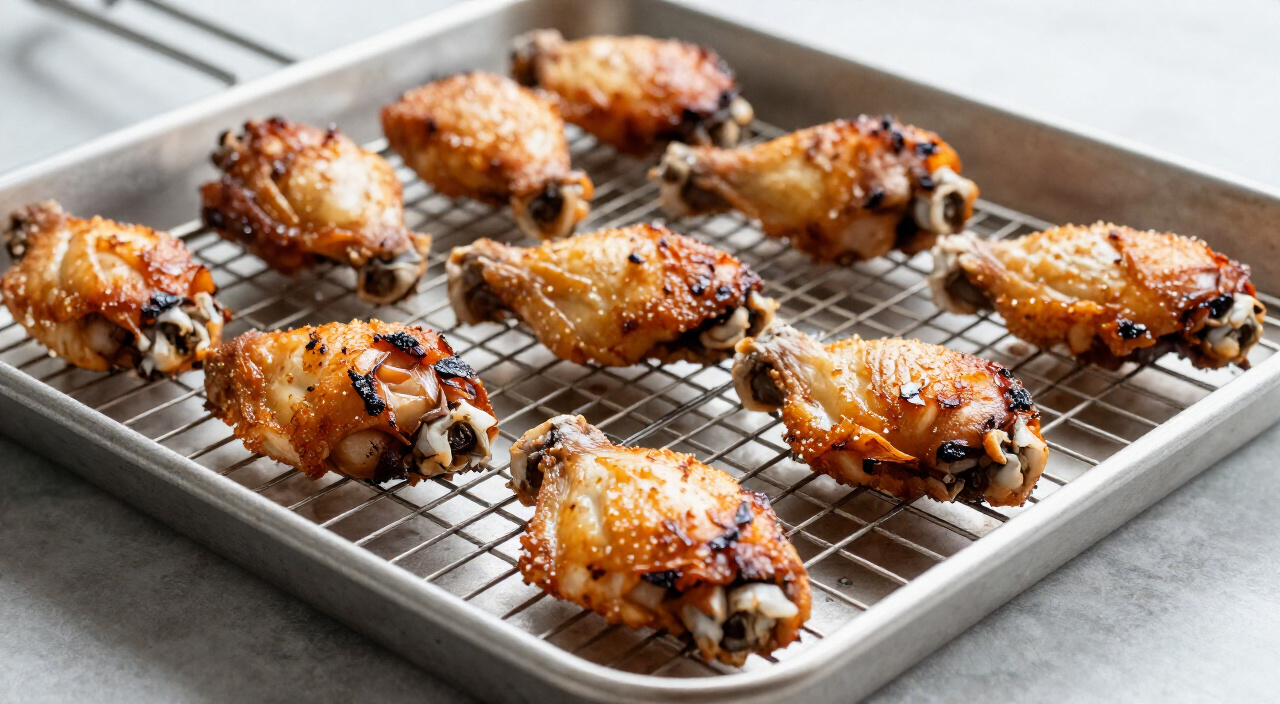 crispy golden air fryer chicken wings resting on a wire rack
