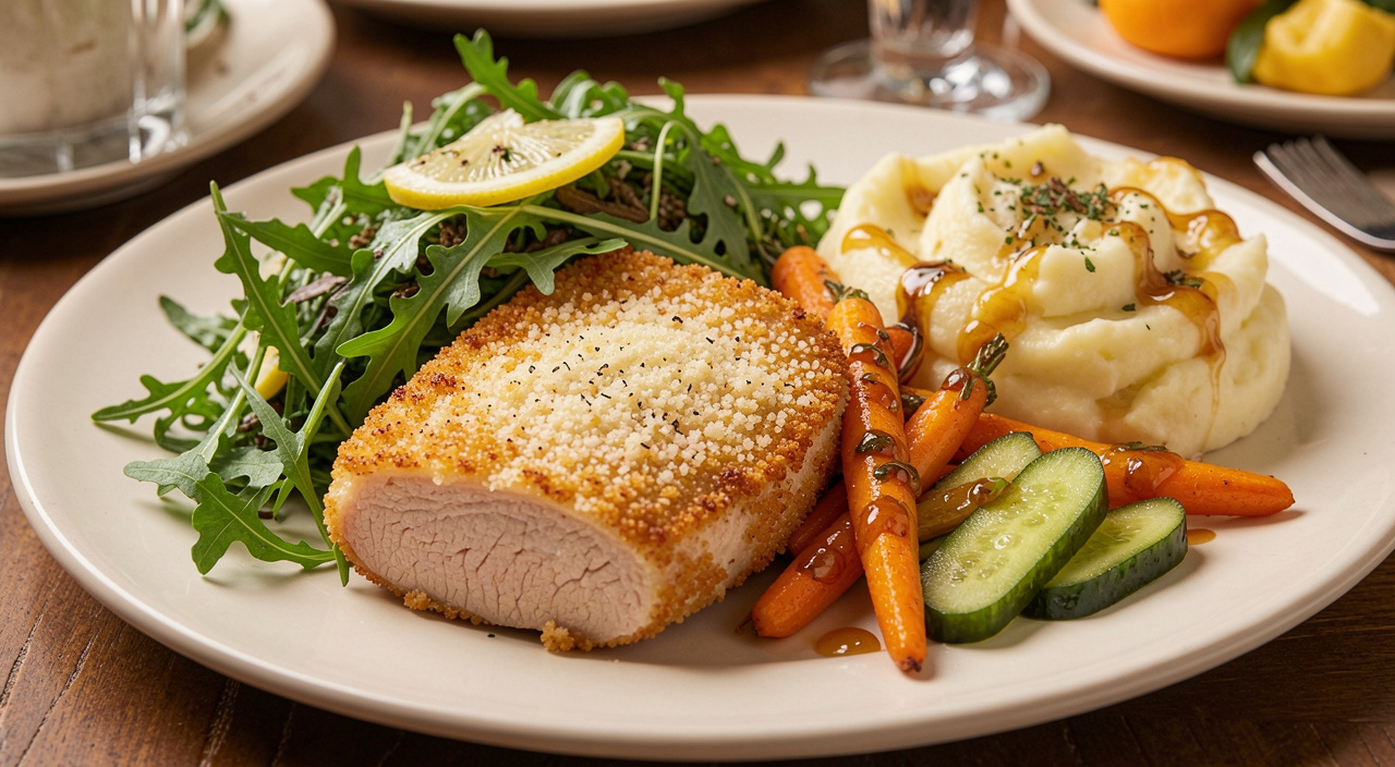 crispy pork chops with arugula salad, mashed potatoes, carrots, and pickled cucumbers