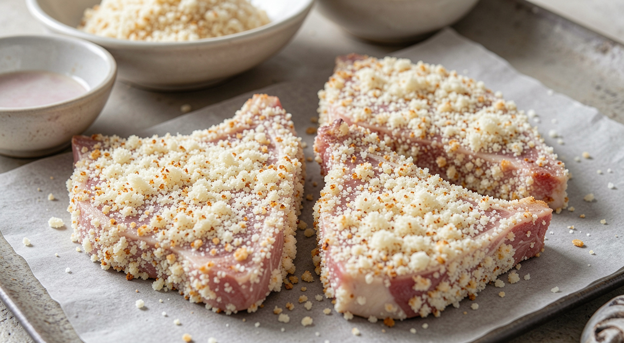 Crumb-coated pork chops ready for air frying