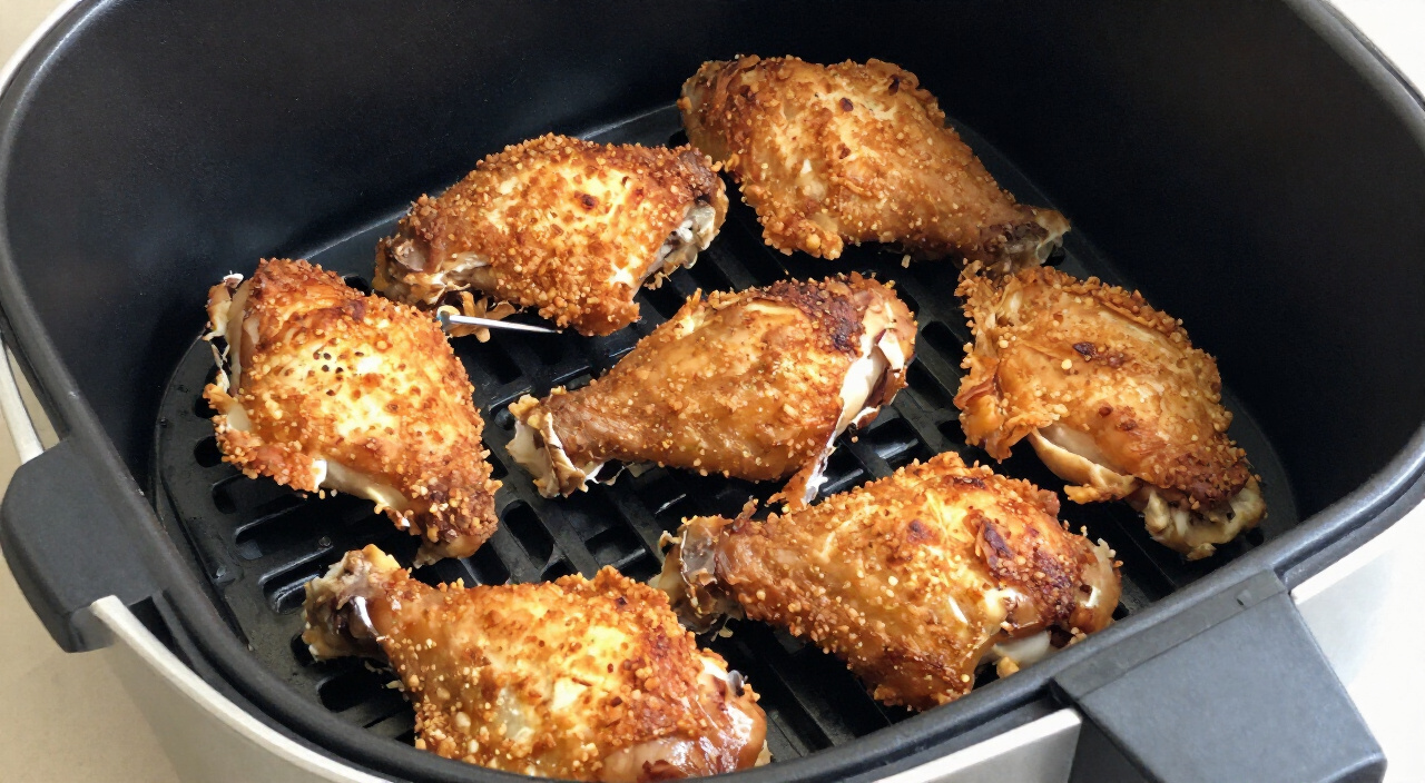deep golden crispy chicken wings in an air fryer basket with a thermometer