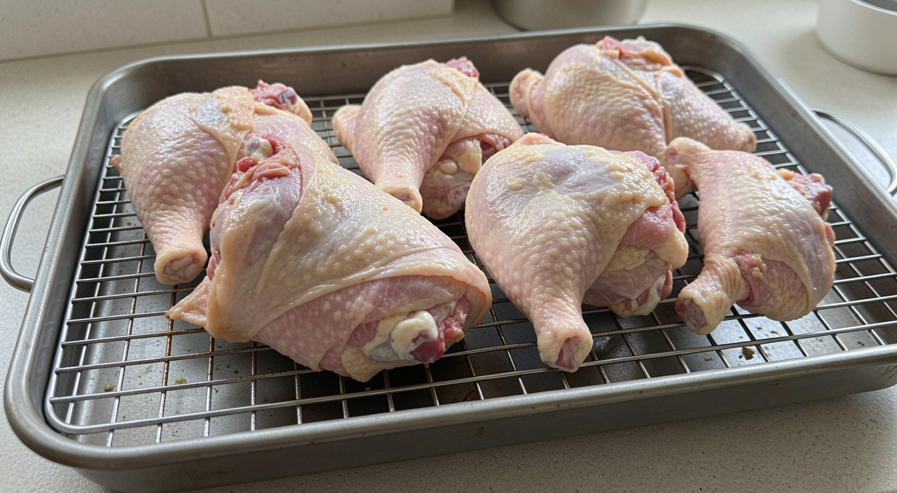 Dry bone-in chicken thighs on a wire rack