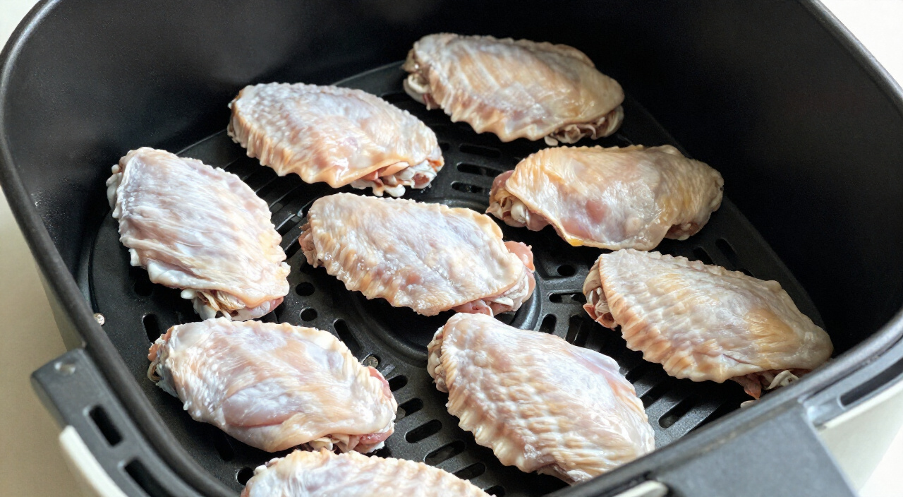 Dusted raw chicken wings in a single layer in a perforated air fryer basket with tongs beside it