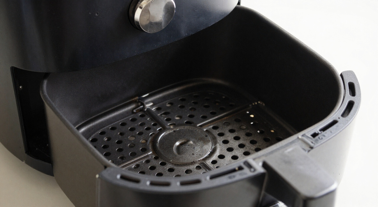 empty air fryer basket pulled open after preheating