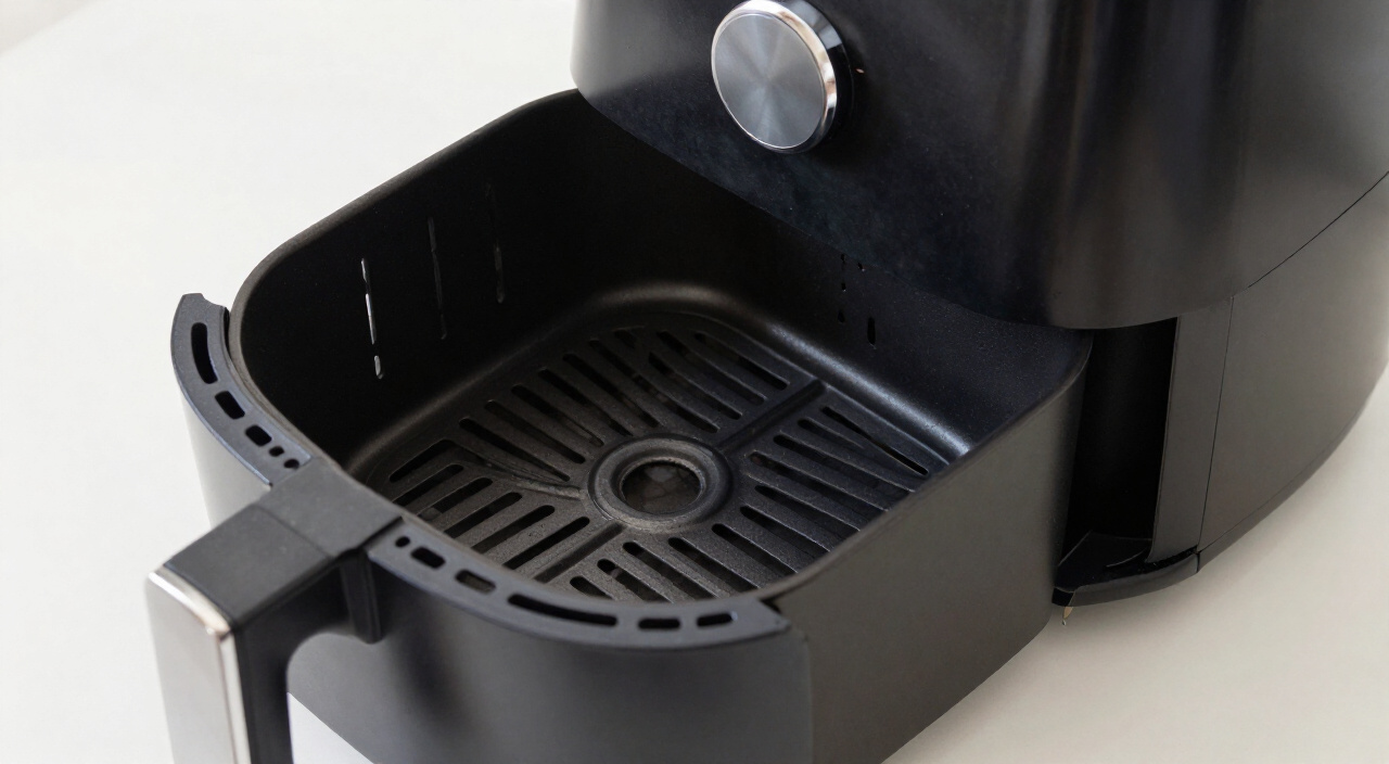 Empty black air fryer basket pulled out of a preheated air fryer on a kitchen counter
