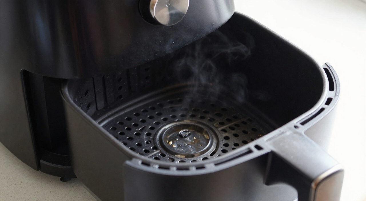 empty preheated air fryer basket pulled out on a kitchen counter