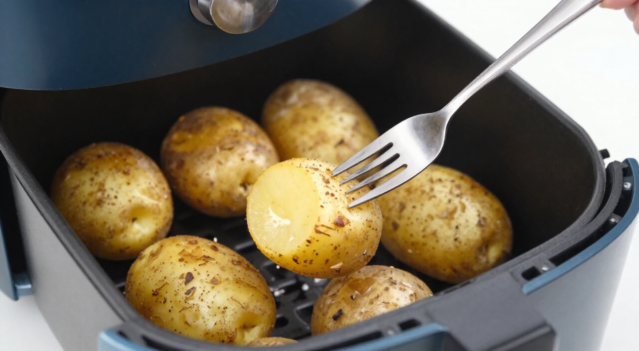 fork pierced into a crispy baby potato in the air fryer basket