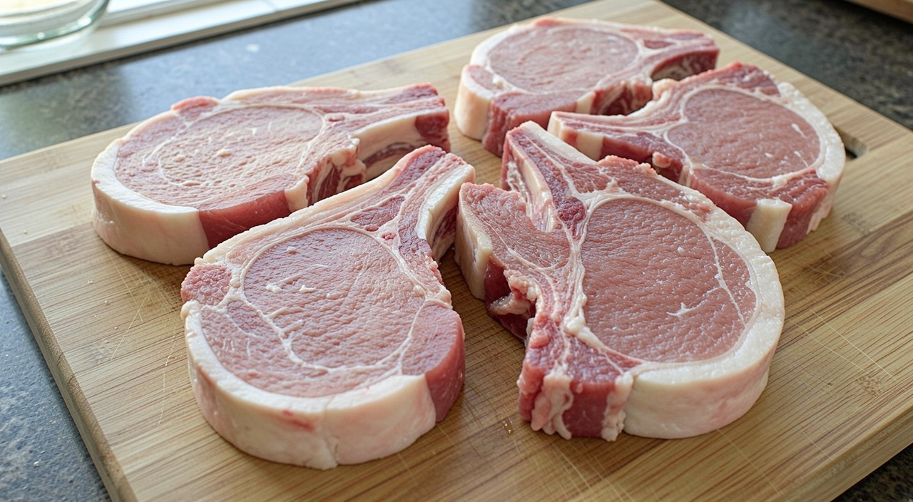Four dry bone-in pork chops on a board