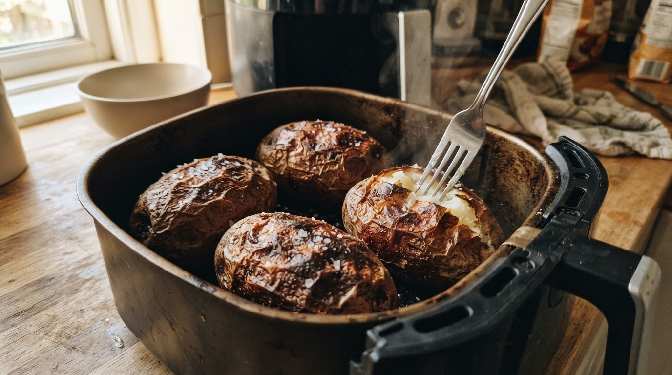 four finished baked potatoes in an air fryer basket with deeply crisp blistered mahogany skins flecked with salt, one tapped