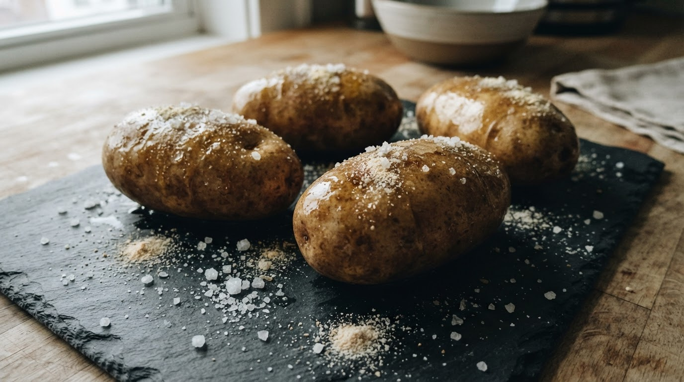 four raw russet potatoes glistening with oil and coated in coarse salt crystals and garlic powder on a dark slate surface,