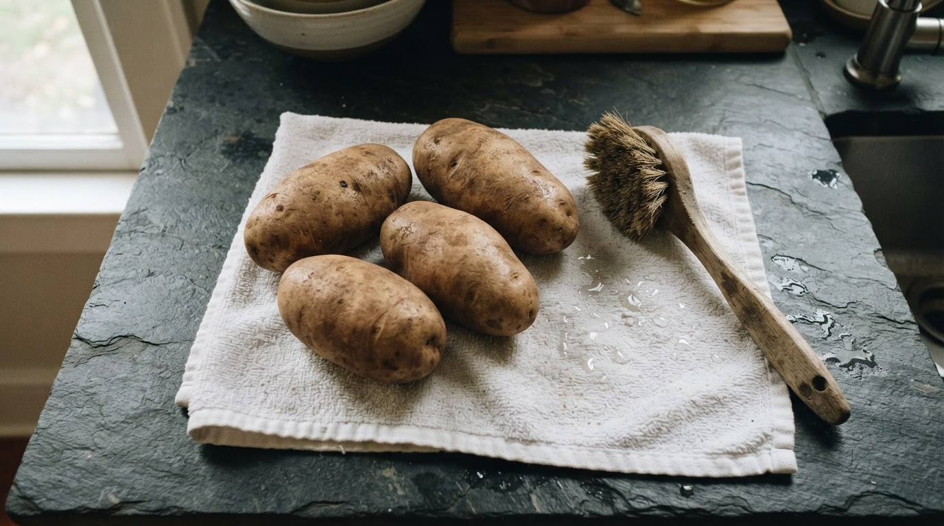 four scrubbed russet potatoes on a white kitchen towel beside a dark slate counter, skins matte and completely dry, a stiff