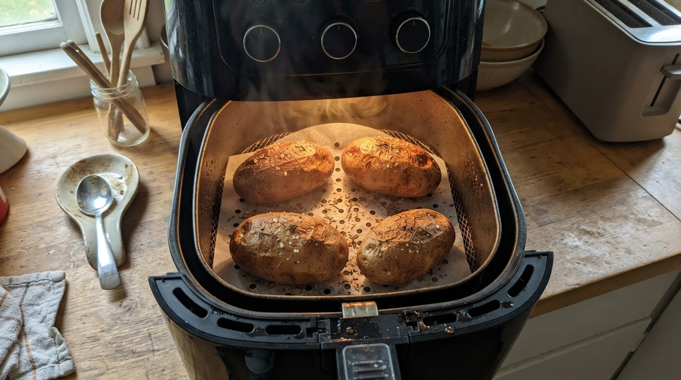 four seasoned russet potatoes spaced evenly in an air fryer basket, skins beginning to darken and wrinkle slightly, salt