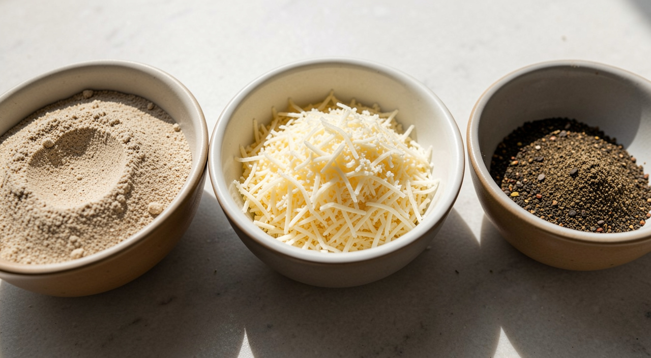 garlic powder, grated Parmesan, and black pepper in prep bowls