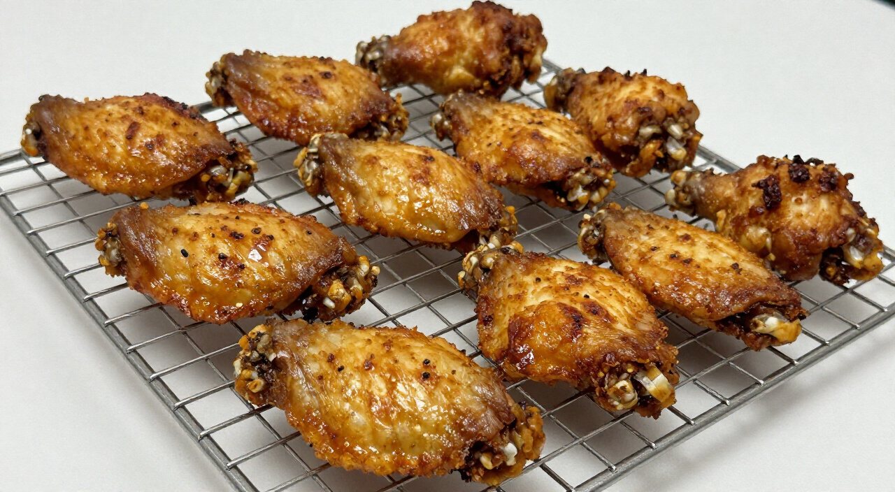 Golden-brown crispy air fryer chicken wings resting skin side up on a wire rack