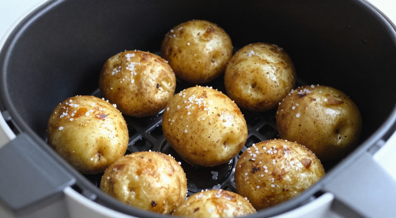 golden-brown crispy baby potatoes in an open air fryer basket