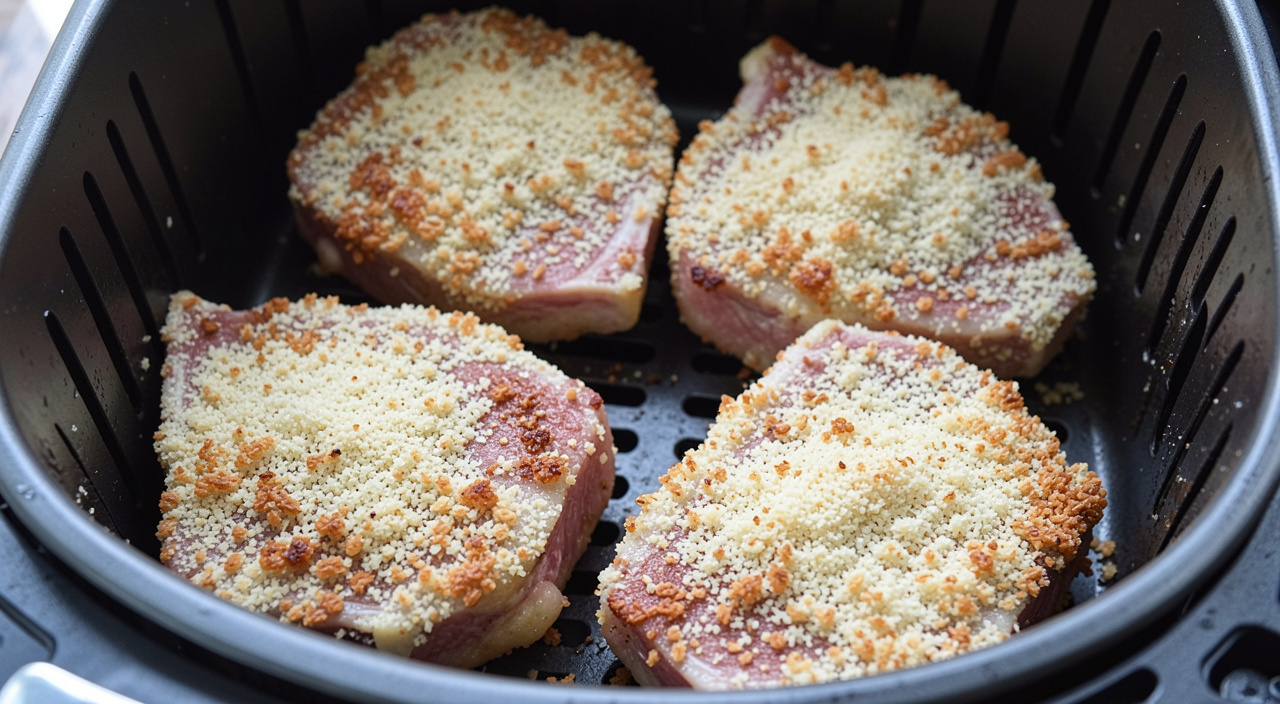Golden-brown pork chops in an air fryer basket