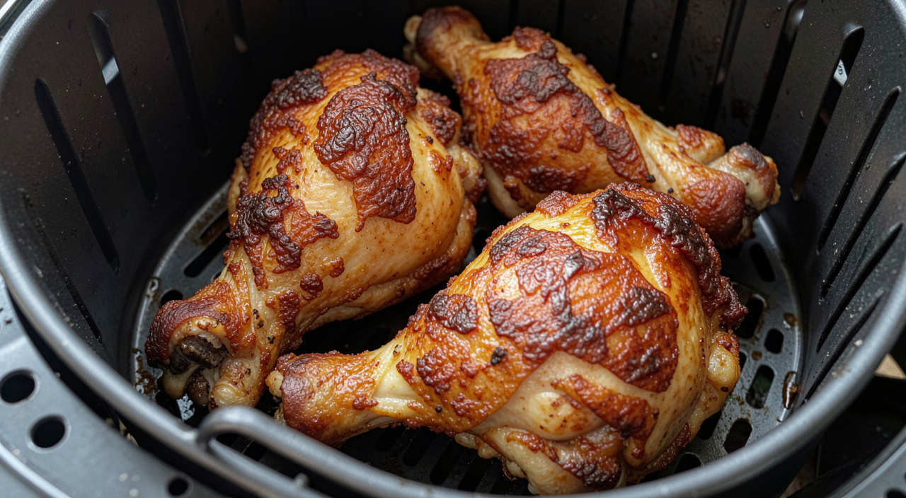 golden crispy chicken thighs resting in an air fryer basket