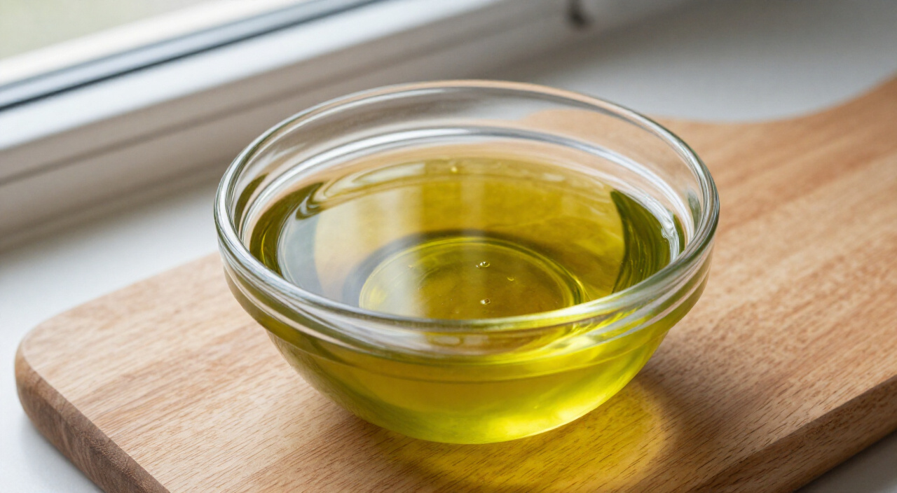 Golden-green olive oil in a small glass bowl on a wooden cutting board
