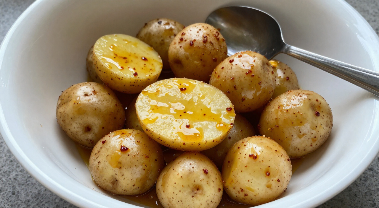 Halved baby potatoes coated in red spiced oil in a white mixing bowl