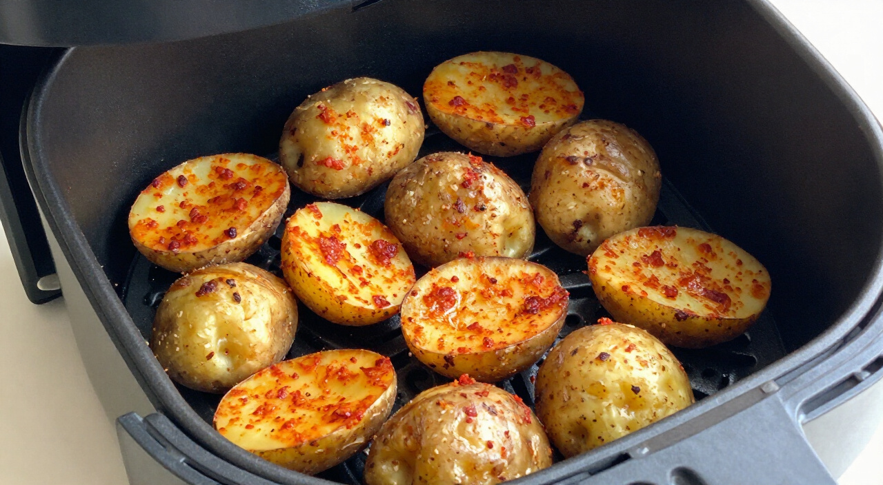 halved baby potatoes cut side down in an air fryer basket with blistered golden edges