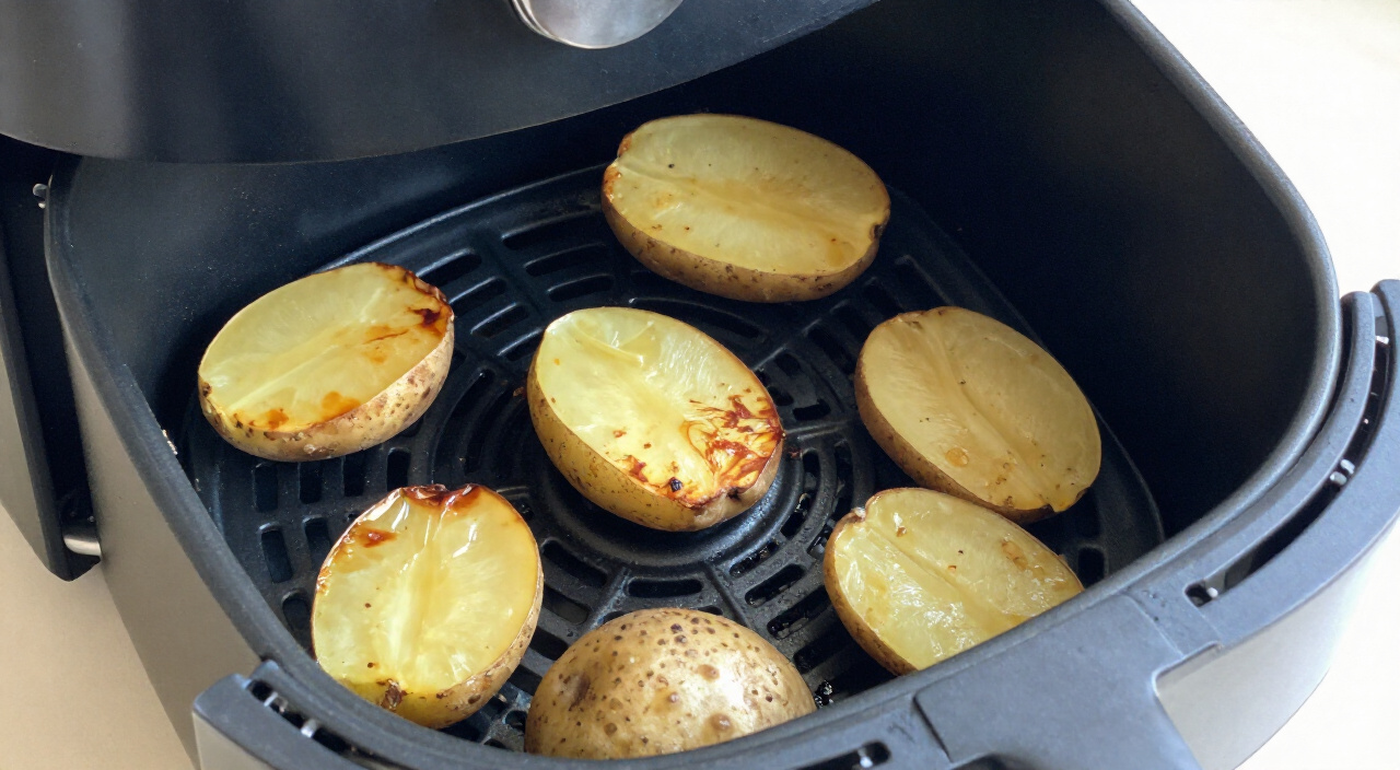 Halved baby potatoes in a single layer in an air fryer basket, edges turning golden