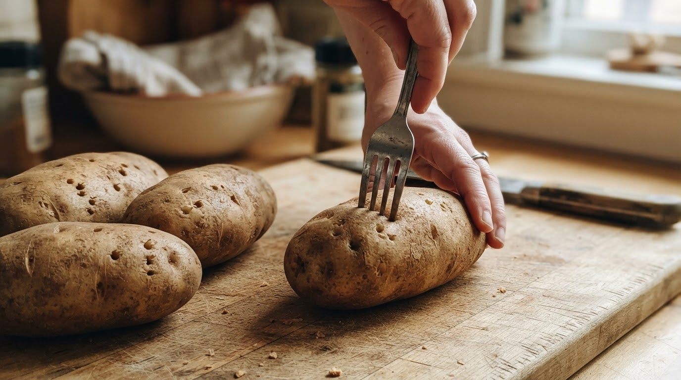 a hand pressing a fork into a raw russet potato on a wooden board, visible puncture holes across the skin, three more
