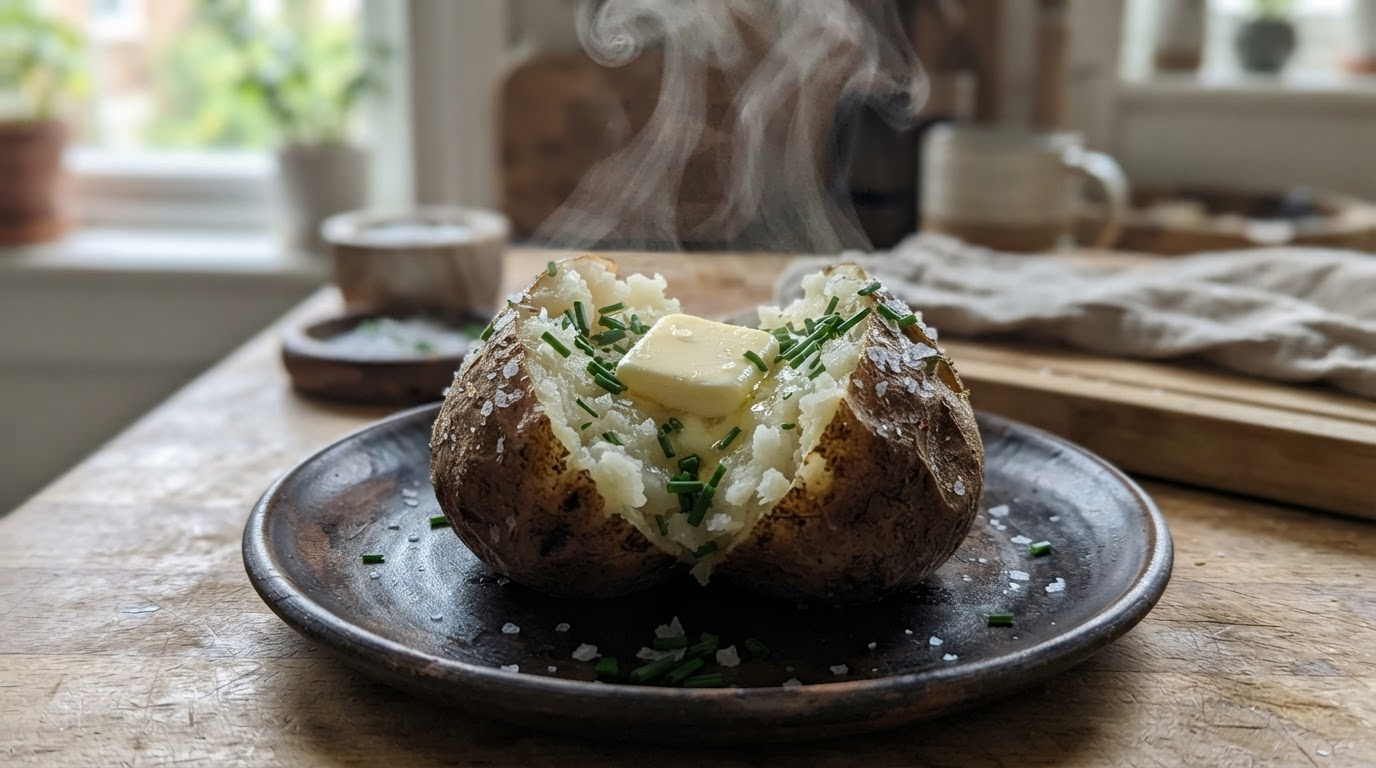 a hot air fryer baked potato split open with a cross cut, sides squeezed to push up snowy fluffy flesh, visible steam